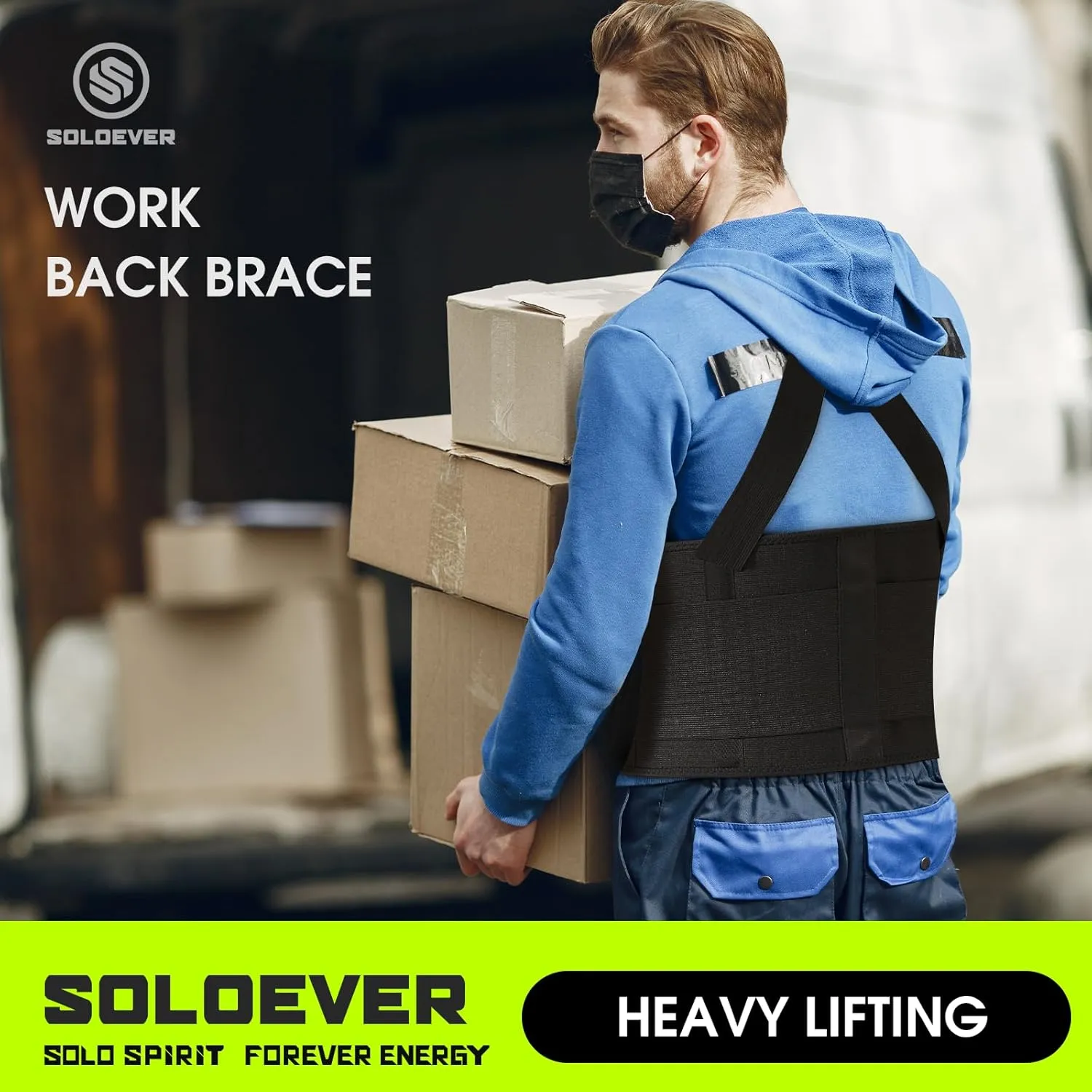 Work Back Brace for Men & Women, Adjustable Lower Back Support Belt with Suspenders for Back Pain Relief, Moving Construction Warehouse Heavy Lifting Safety & Protection (Black, Small)