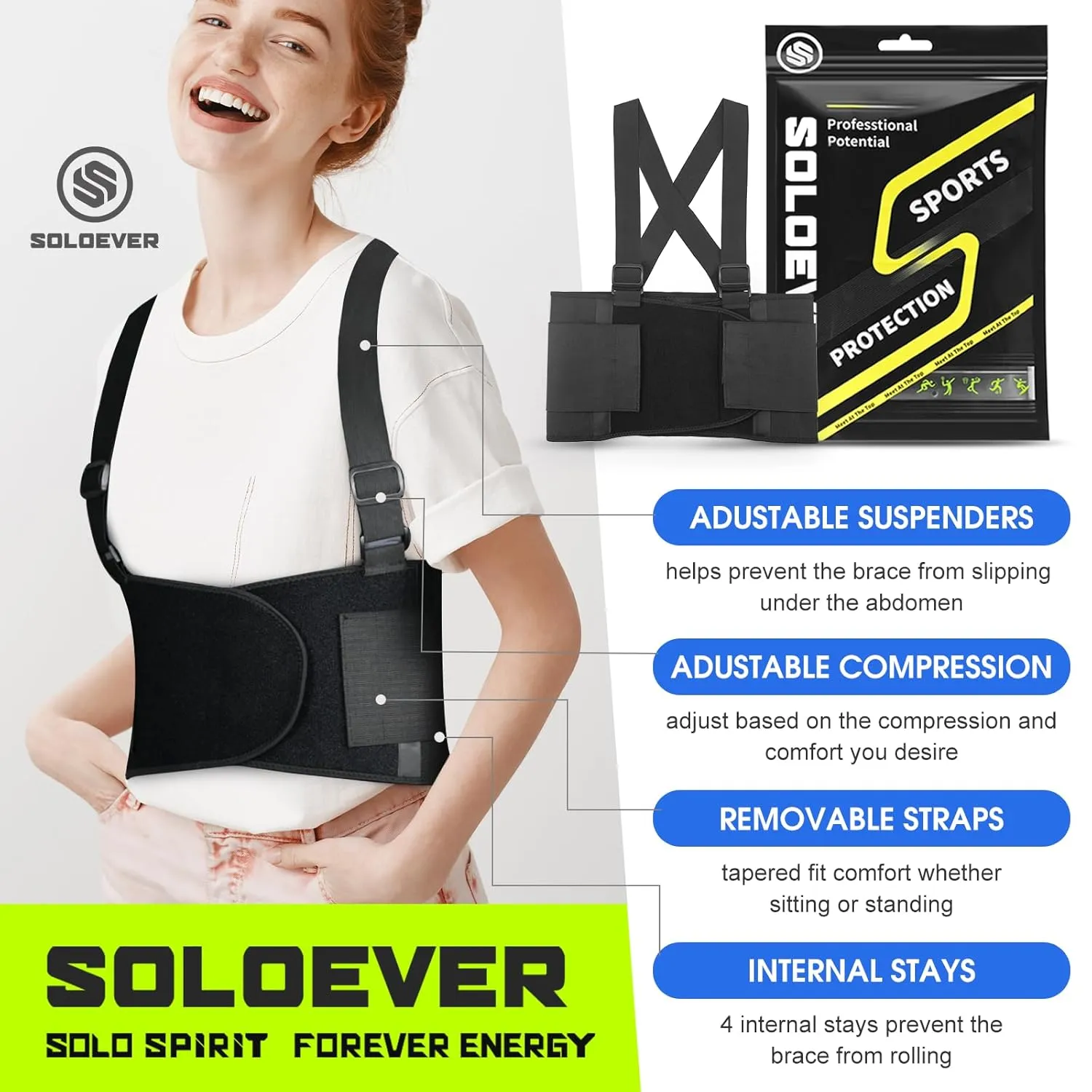 Work Back Brace for Men & Women, Adjustable Lower Back Support Belt with Suspenders for Back Pain Relief, Moving Construction Warehouse Heavy Lifting Safety & Protection (Black, Small)