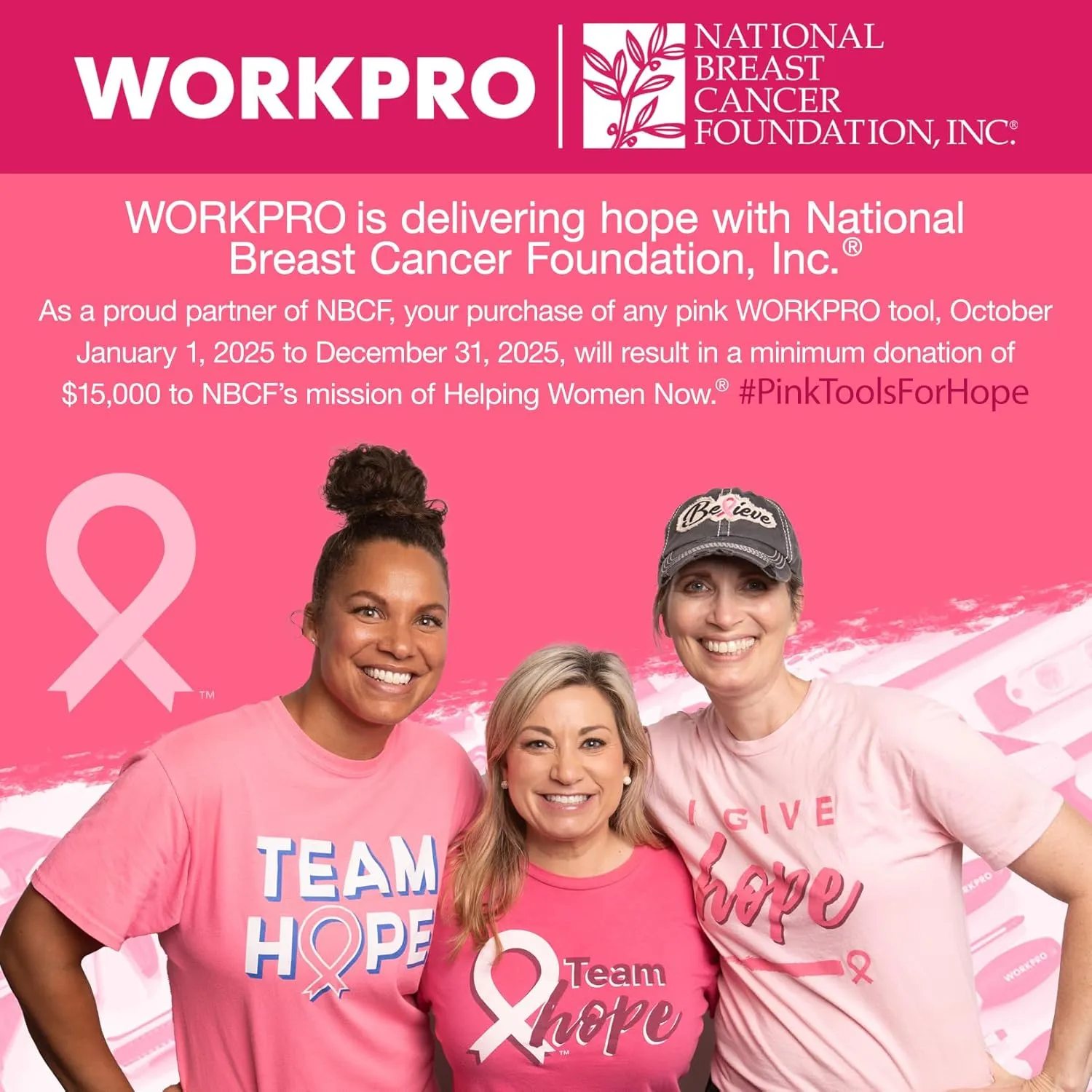 WORKPRO 12V Pink Cordless Drill Driver and Home Tool Kit, Hand Tool Set for DIY, Home Maintenance, 14-inch Storage Bag Included - Pink Ribbon