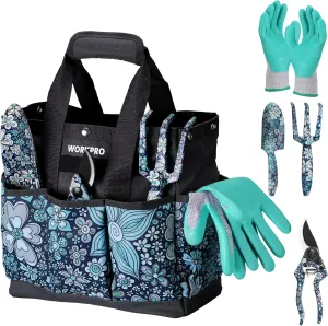 WORKPRO 5PCS Garden Tool Set, Aluminum Heavy Duty Gardening Tool Set with Garden Tool Bag, Outdoor Garden Hand Tools, Floral Blue