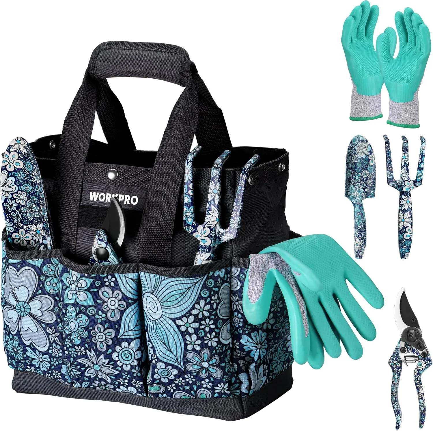 WORKPRO 5PCS Garden Tool Set, Aluminum Heavy Duty Gardening Tool Set with Garden Tool Bag, Outdoor Garden Hand Tools, Floral Blue
