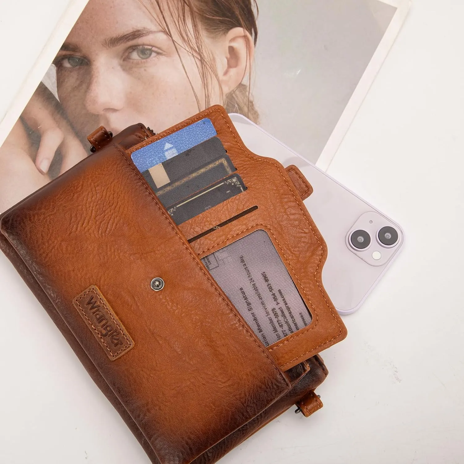 Wrangler Distressed Crossbody Purses for Women Multi-function Card Holder Wallet Small Purse with Double Zipper