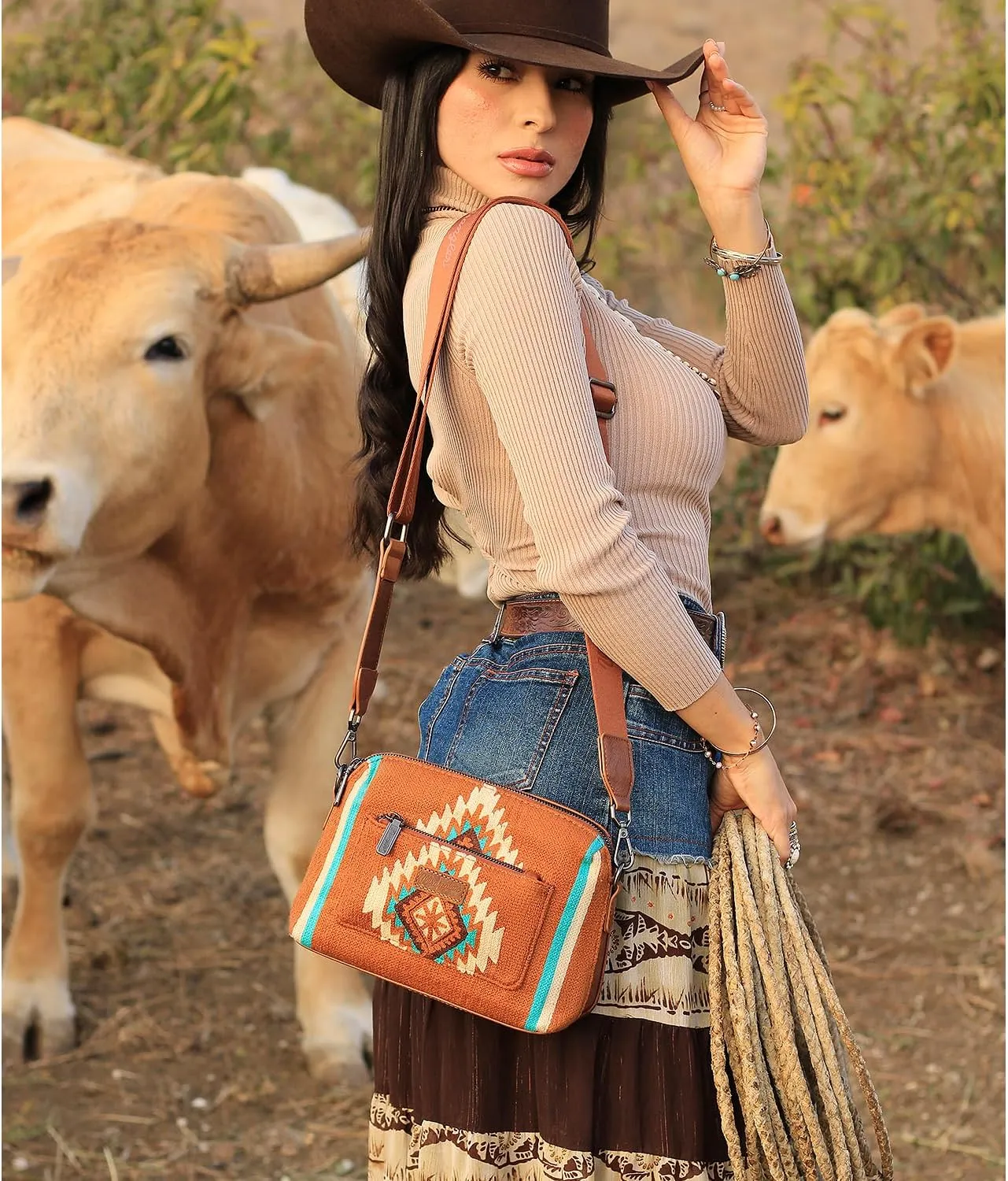 Wrangler Western Aztec Small Crossbody Bags for Women Multi Pocket Over Shoulder Crossbody Purse with Guitar Strap