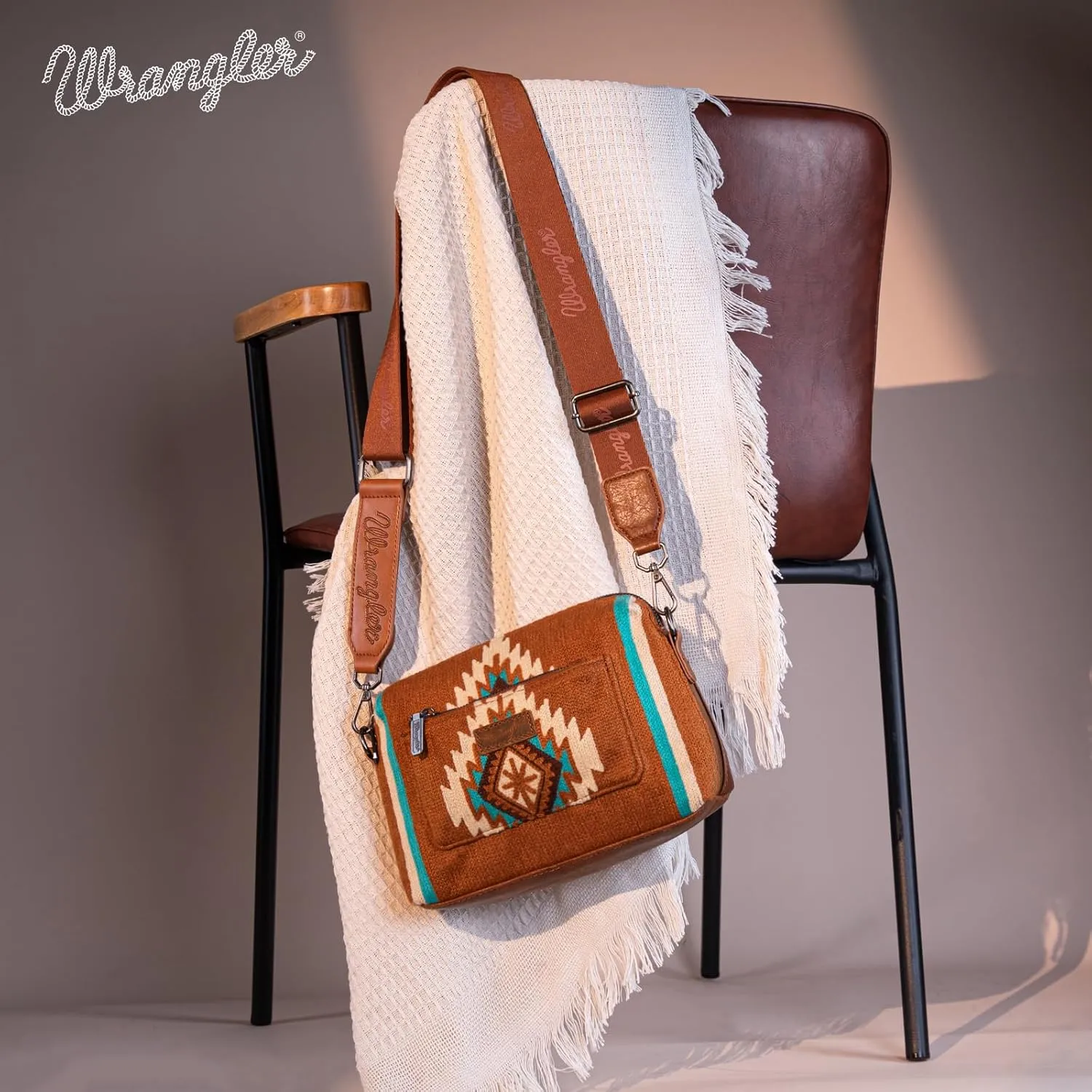 Wrangler Western Aztec Small Crossbody Bags for Women Multi Pocket Over Shoulder Crossbody Purse with Guitar Strap