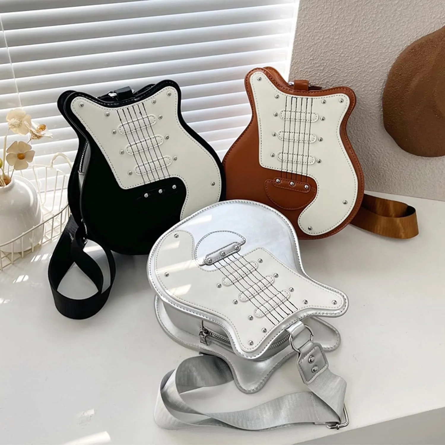 Y2k Style Vintage Guitar Shaped Bag for Girls and Women, Creative PU Leather Music Punk Crossbody Handbag