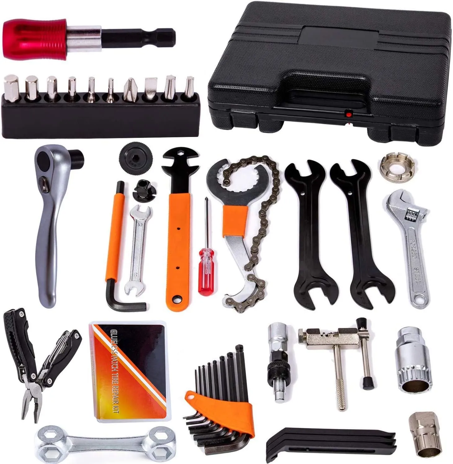 YBEKI Bicycle Repair Set - Ratchet Tool Kit With Chain Tool, Tire Repair Kit, Pedal Wrench, 6 Month Warranty