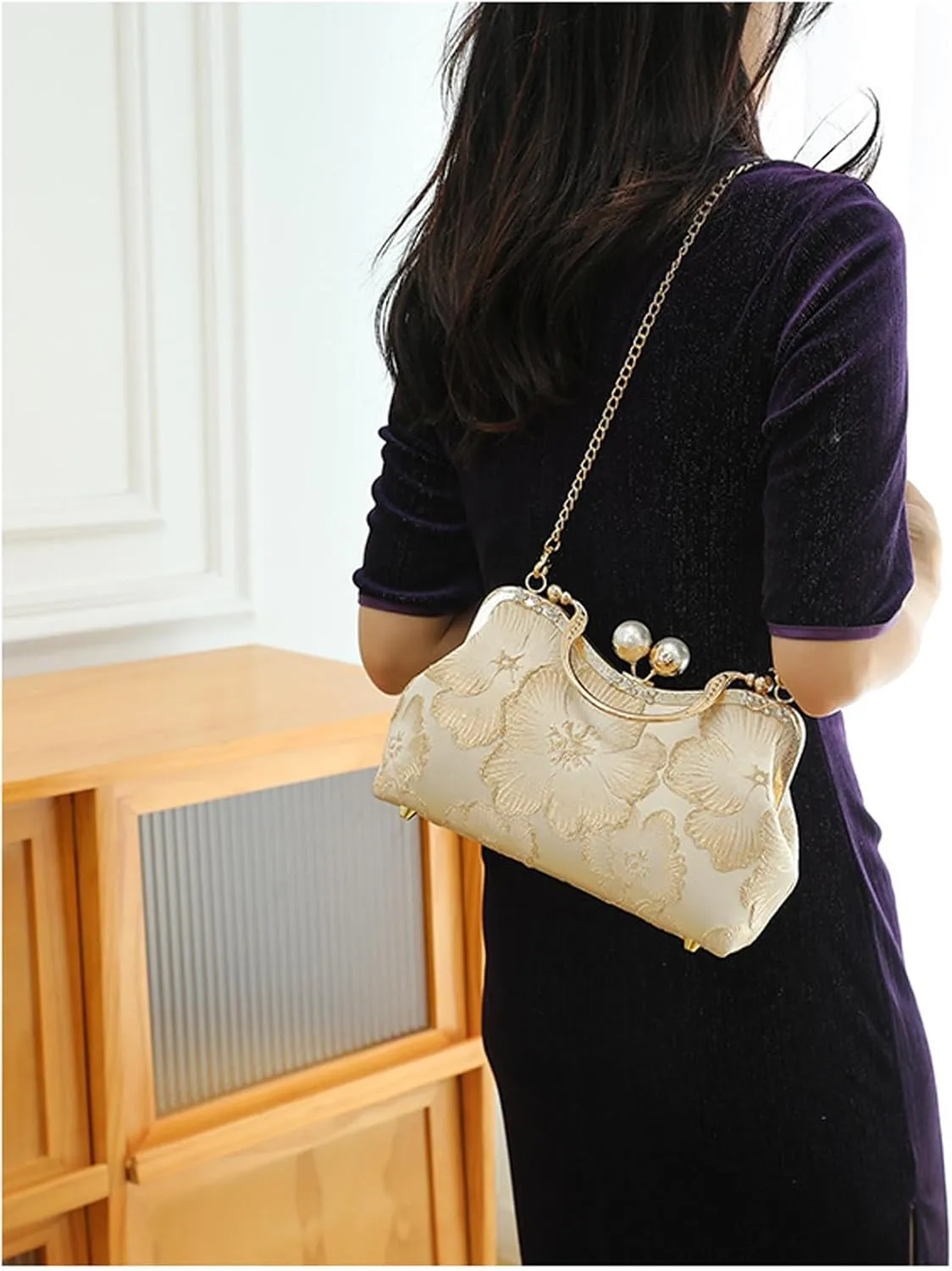 YeBon Retro Shoulder Chain Messenger Clutch Chinese Style Embroidered Jacquard Women's Evening Bags L