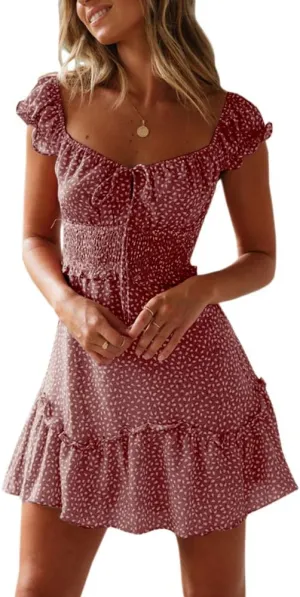 YOBECHO Womens Summer Ruffle Sleeve Sweetheart Neckline Printing Dress Mini Dresses