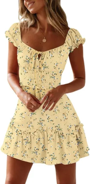 YOBECHO Womens Summer Ruffle Sleeve Sweetheart Neckline Printing Dress Mini Dresses