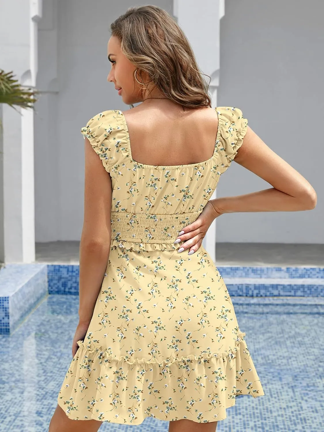 YOBECHO Womens Summer Ruffle Sleeve Sweetheart Neckline Printing Dress Mini Dresses