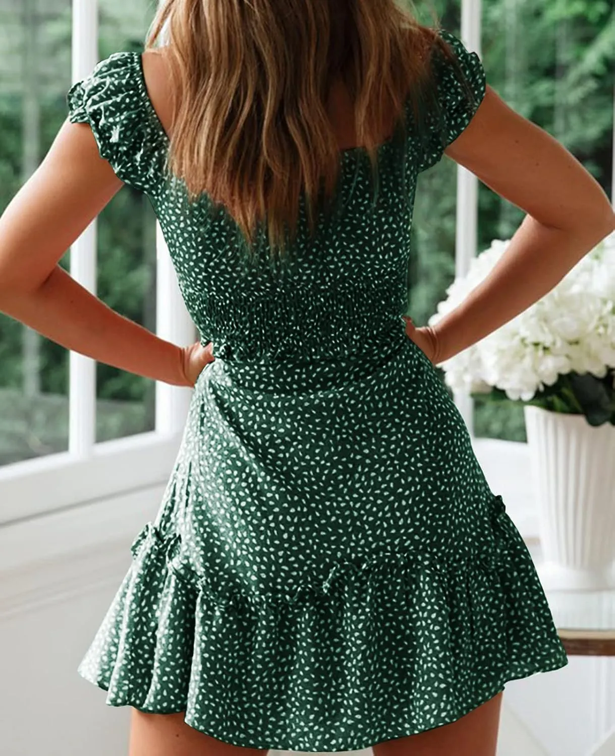 YOBECHO Womens Summer Ruffle Sleeve Sweetheart Neckline Printing Dress Mini Dresses