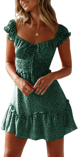 YOBECHO Womens Summer Ruffle Sleeve Sweetheart Neckline Printing Dress Mini Dresses