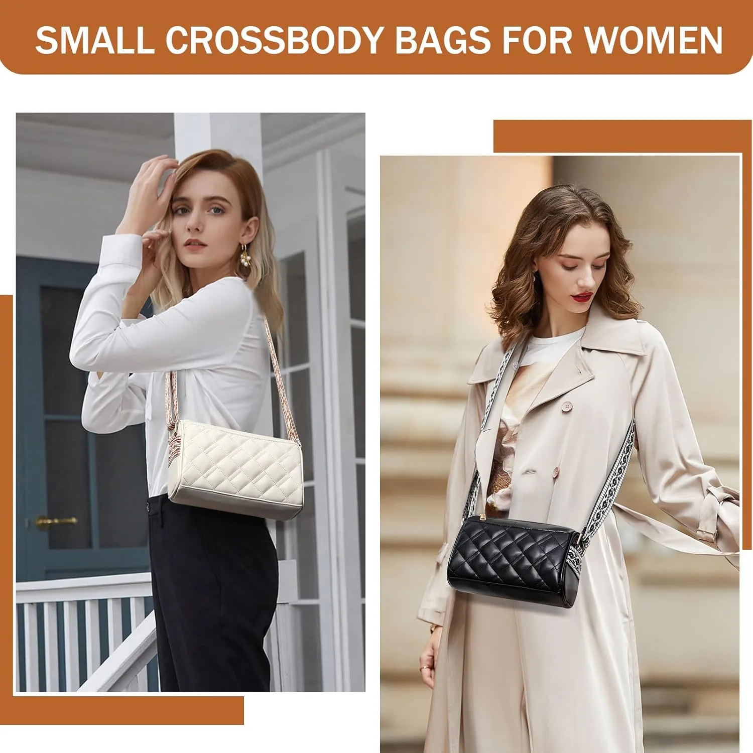 ZAUKNYA Quilted Crossbody Bags for Women Small Vegan Leather Cross body Purse Shoulder Handbags with Wide Guitar Strap