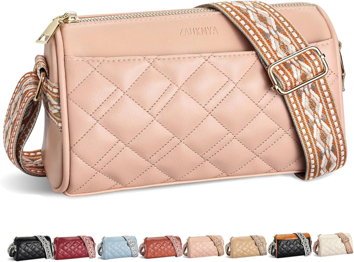 ZAUKNYA Quilted Crossbody Bags for Women Small Vegan Leather Cross body Purse Shoulder Handbags with Wide Guitar Strap