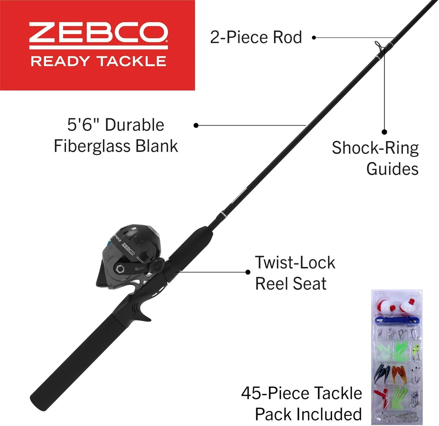 Zebco Ready Tackle Spincast Reel and Fishing Rod Combo, Durable Fiberglass Rod with EVA Handle, Quickset Anti-Reverse Reel, Pre-Spooled with 10 lb Zebco Line, Includes Tackle Pack