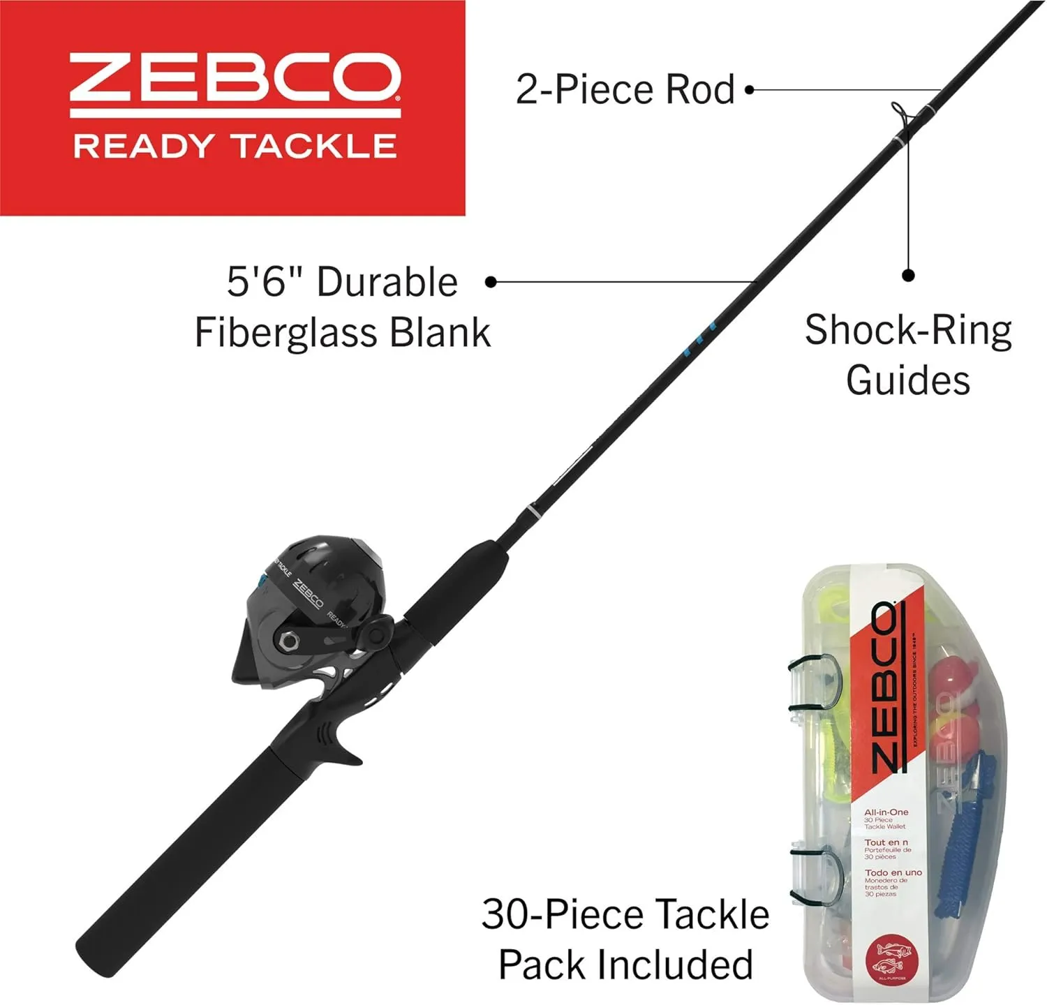Zebco Ready Tackle Spincast Reel and Fishing Rod Combo, Durable Fiberglass Rod with EVA Handle, Quickset Anti-Reverse Reel, Pre-Spooled with 10 lb Zebco Line, Includes Tackle Pack