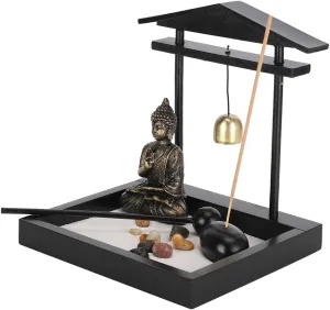 Zen Garden Desktop Sitting Buddha Ornament, Statue with Incense Holder Sand Decorative Stone Accessories for Home Office and Work Desk Collectible Figurines[1906]