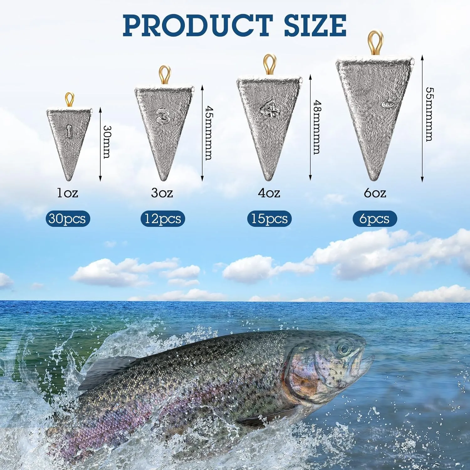 Zhanmai Fishing Weights Sinker Assortment Kit Rig Pyramid Sinker Weights Saltwater Freshwater Sinkers Bass Casting Gear Tackle in 1, 3, 4, 6 oz