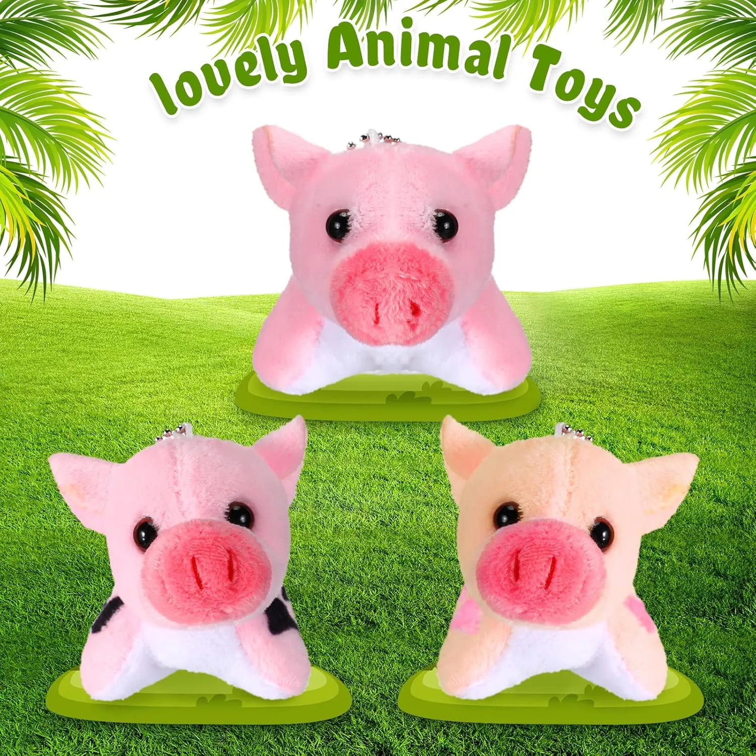 Zomiboo Stuffed Pig, 12 Pcs Assorted Toy Plushies, 3.2 Inch Mini Plush Animals Keychain Animal Party Favors with Detachable Chain for Christmas Farm Themed Birthday Party Supplies Classroom Awards
