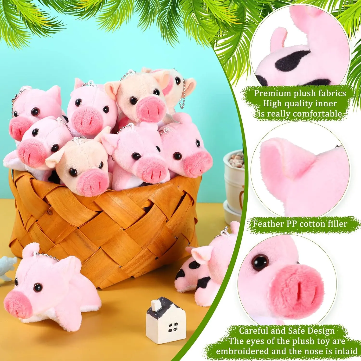 Zomiboo Stuffed Pig, 12 Pcs Assorted Toy Plushies, 3.2 Inch Mini Plush Animals Keychain Animal Party Favors with Detachable Chain for Christmas Farm Themed Birthday Party Supplies Classroom Awards