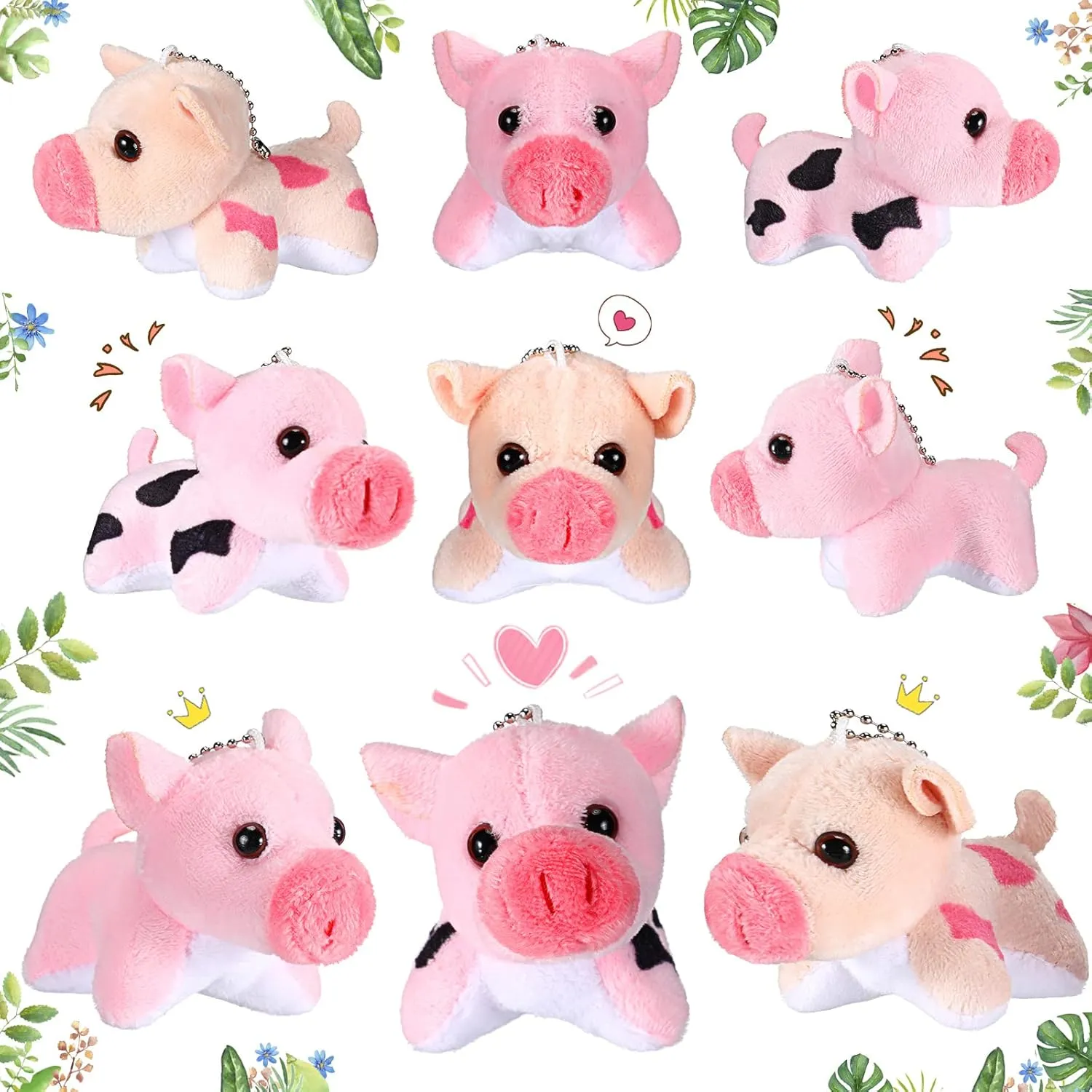 Zomiboo Stuffed Pig, 12 Pcs Assorted Toy Plushies, 3.2 Inch Mini Plush Animals Keychain Animal Party Favors with Detachable Chain for Christmas Farm Themed Birthday Party Supplies Classroom Awards