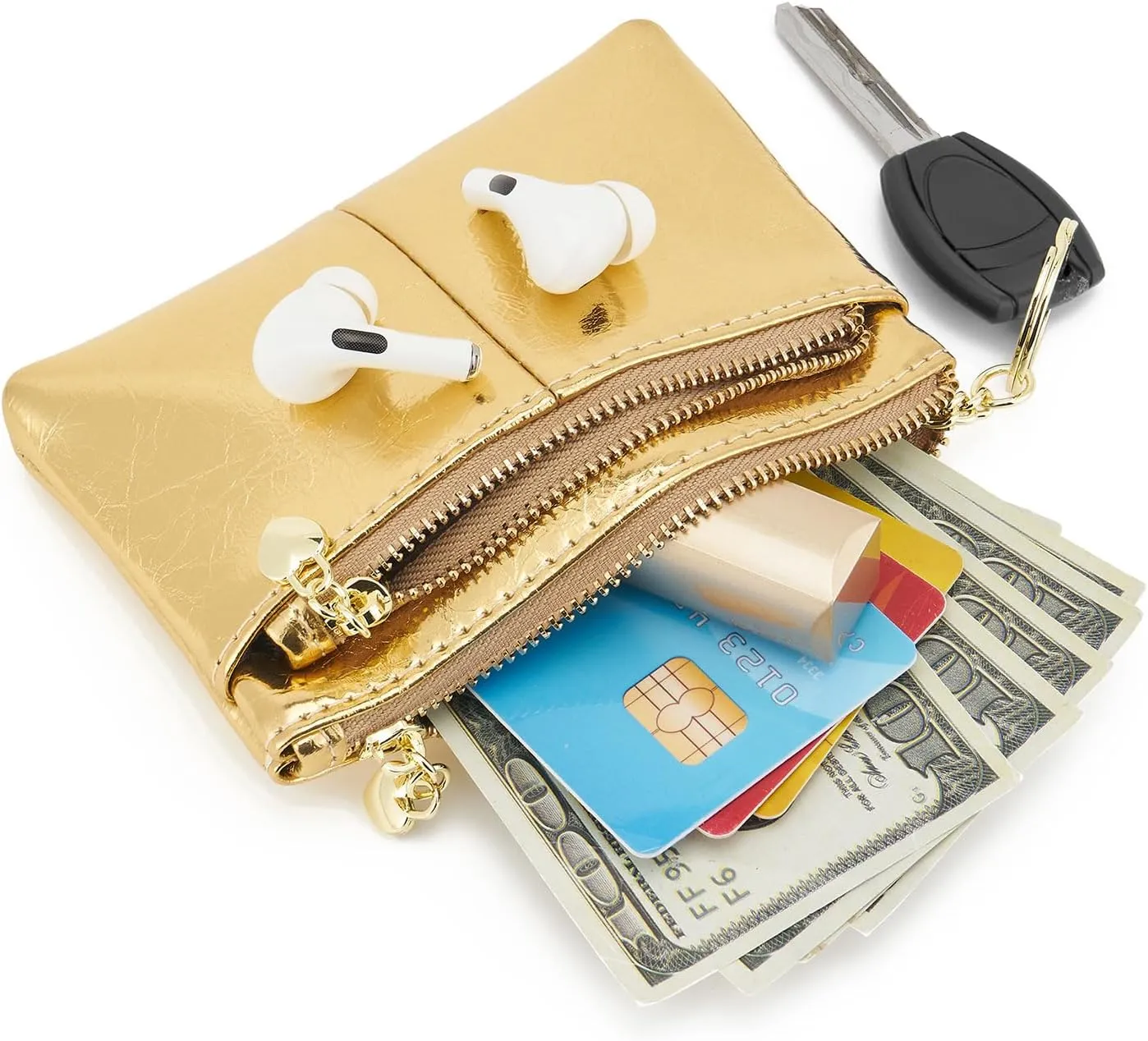 ZOOEASS Women Genuine Leather Zip Mini Coin Purse With Key Ring Triple Zipper Card Holder Wallet